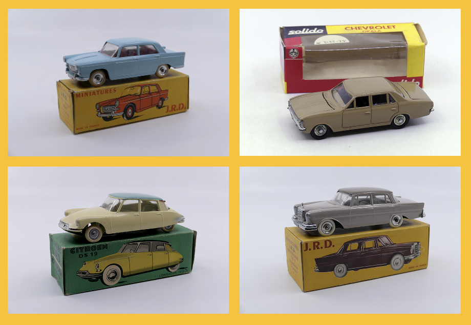 JRD - Peugeot 404 berline 151 - Solido Brosol - Chevrolet Opala 9 - JRD - Citroën DS19 116 - JRD - Mercedes 220SE berline 153