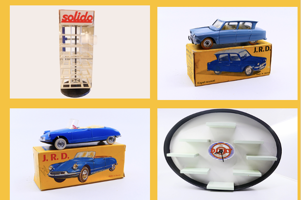 Solido - Présentoir- JRD - Citroën 154 - JRD - Citroën DS19 cabriolet 152 - Dinky Toys GB - Présentoir Pendule -